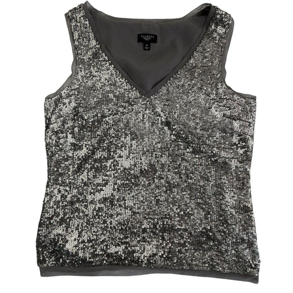 NEW Talbots Sequined Sleeveless Tank V-Neck Top Women Size 4 Petite Silver NWOT